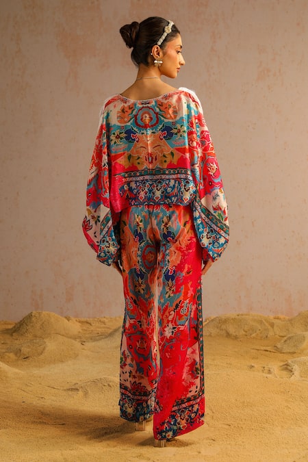 Shop Aditi Gupta Pink Georgette, Satin, Crepe Embroidery Abstract Print Top And Flared Pant Set at Aza Fashions Shop_Aditi Gupta_Pink Georgette, Satin, Crepe Embroidery Abstract Print Top And Flared Pant Set _at_Aza_Fashions