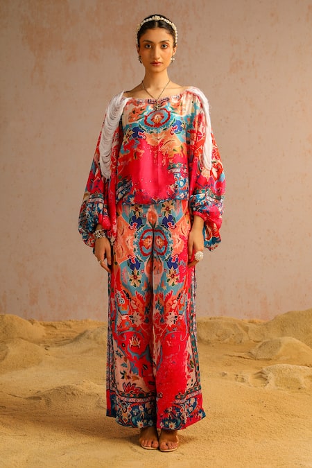 Aditi Gupta Pink Georgette, Satin, Crepe Embroidery Abstract Print Top And Flared Pant Set Online at Aza Fashions Aditi Gupta_Pink Georgette, Satin, Crepe Embroidery Abstract Print Top And Flared Pant Set _Online_at_Aza_Fashions