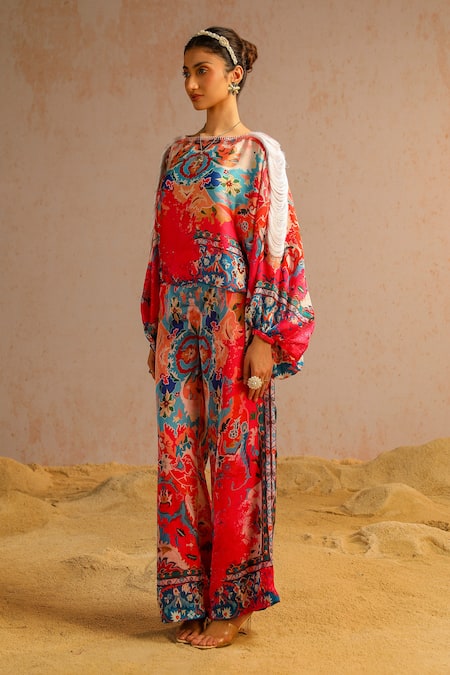 Buy Aditi Gupta Pink Georgette, Satin, Crepe Embroidery Abstract Print Top And Flared Pant Set Online at Aza Fashions Buy_Aditi Gupta_Pink Georgette, Satin, Crepe Embroidery Abstract Print Top And Flared Pant Set _Online_at_Aza_Fashions