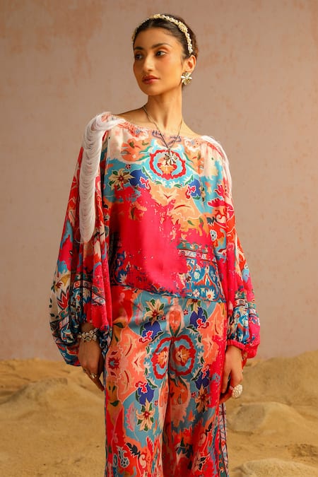 Shop Aditi Gupta Pink Georgette, Satin, Crepe Embroidery Abstract Print Top And Flared Pant Set Online at Aza Fashions Shop_Aditi Gupta_Pink Georgette, Satin, Crepe Embroidery Abstract Print Top And Flared Pant Set _Online_at_Aza_Fashions