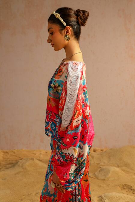 Aditi Gupta Pink Georgette, Satin, Crepe Embroidery Abstract Print Top And Flared Pant Set at Aza Fashions Aditi Gupta_Pink Georgette, Satin, Crepe Embroidery Abstract Print Top And Flared Pant Set _at_Aza_Fashions