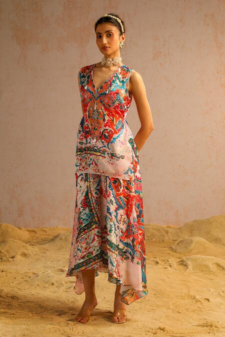 Aditi Gupta Ivory Organza, Georgette, Abstract Motifs Print Short Kurta And A-line Pant Set Online at Aza Fashions Aditi Gupta_Ivory Organza, Georgette, Abstract Motifs Print Short Kurta And A-line Pant Set _Online_at_Aza_Fashions