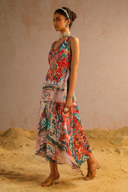 Buy Aditi Gupta Ivory Organza, Georgette, Abstract Motifs Print Short Kurta And A-line Pant Set Online at Aza Fashions Buy_Aditi Gupta_Ivory Organza, Georgette, Abstract Motifs Print Short Kurta And A-line Pant Set _Online_at_Aza_Fashions