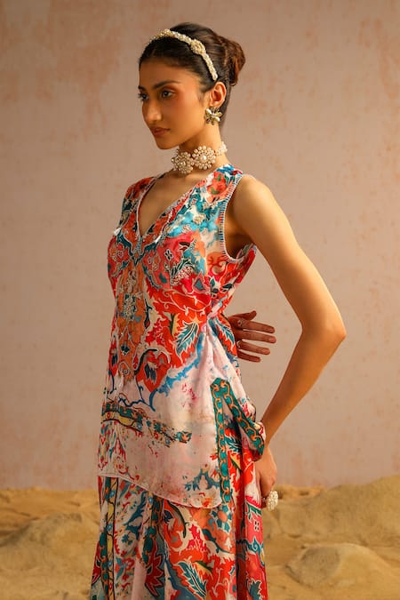 Aditi Gupta Ivory Organza, Georgette, Abstract Motifs Print Short Kurta And A-line Pant Set at Aza Fashions Aditi Gupta_Ivory Organza, Georgette, Abstract Motifs Print Short Kurta And A-line Pant Set _at_Aza_Fashions