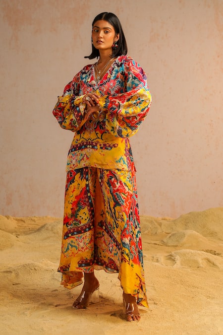 Aditi Gupta Yellow Organza, Georgette, Satin, Abstract Print Short Kurta And A-line Pant Set