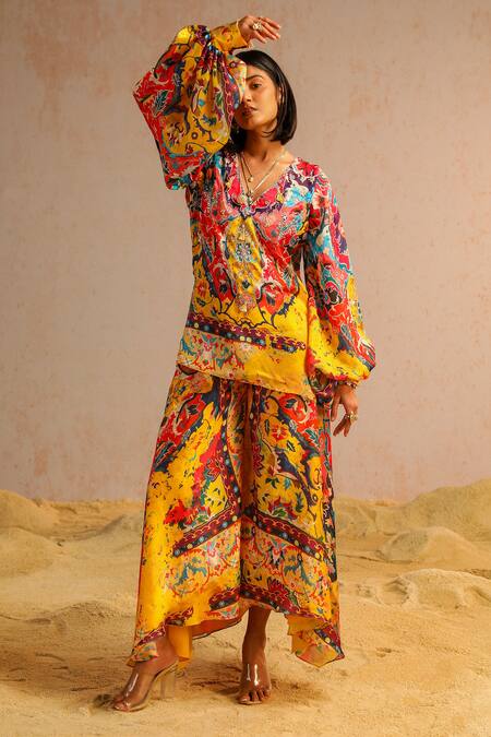 Aditi Gupta_Yellow Organza, Georgette, Satin, Abstract Print Short Kurta And A-line Pant Set _Online_at_Aza_Fashions