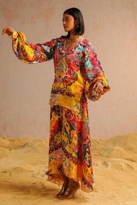 Buy_Aditi Gupta_Yellow Organza, Georgette, Satin, Abstract Print Short Kurta And A-line Pant Set _Online_at_Aza_Fashions