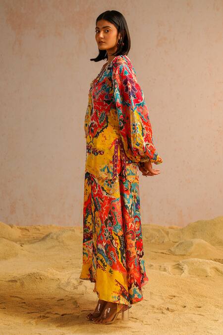 Shop_Aditi Gupta_Yellow Organza, Georgette, Satin, Abstract Print Short Kurta And A-line Pant Set _Online_at_Aza_Fashions