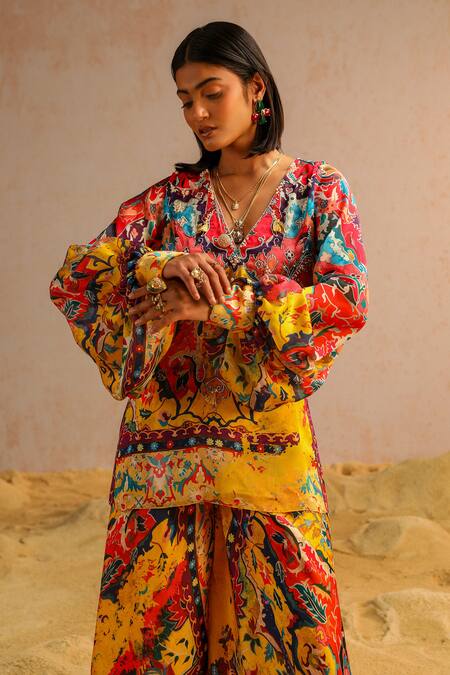 Aditi Gupta_Yellow Organza, Georgette, Satin, Abstract Print Short Kurta And A-line Pant Set _at_Aza_Fashions