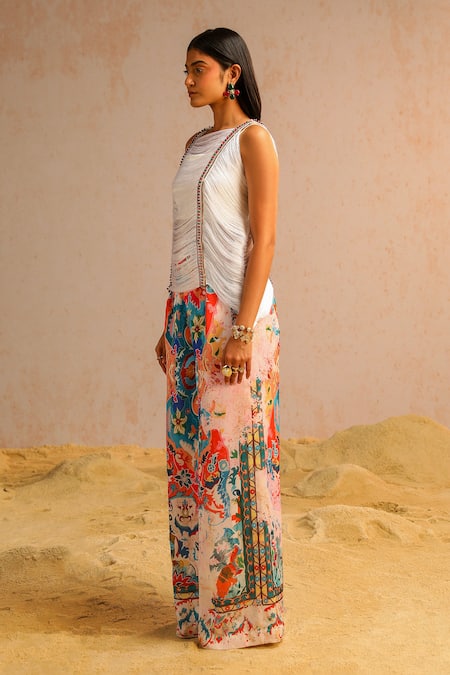 Aditi Gupta Ivory Georgette, Satin Sequins, Pearls Round Embroidered Top And Flared Pant Set at Aza Fashions Aditi Gupta_Ivory Georgette, Satin Sequins, Pearls Round Embroidered Top And Flared Pant Set _at_Aza_Fashions