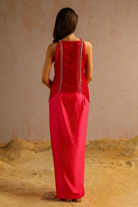 Shop Aditi Gupta Pink Armani Satin Embroidered Zardosi Round Top And Draped Skirt Set at Aza Fashions Shop_Aditi Gupta_Pink Armani Satin Embroidered Zardosi Round Top And Draped Skirt Set _at_Aza_Fashions