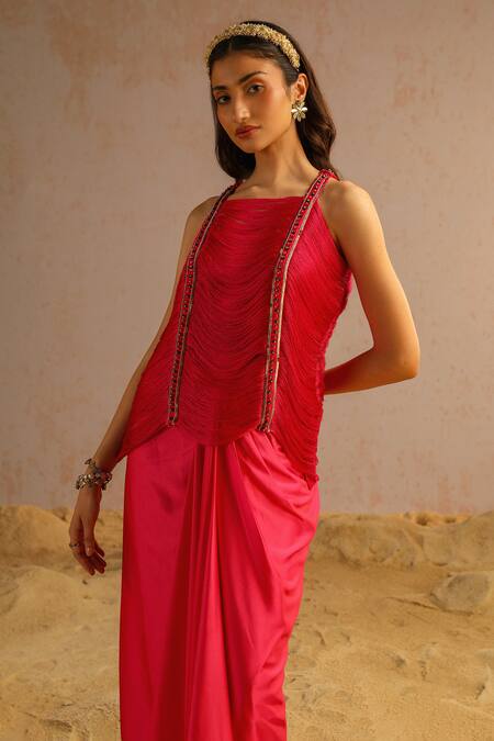 Shop Aditi Gupta Pink Armani Satin Embroidered Zardosi Round Top And Draped Skirt Set Online at Aza Fashions Shop_Aditi Gupta_Pink Armani Satin Embroidered Zardosi Round Top And Draped Skirt Set _Online_at_Aza_Fashions