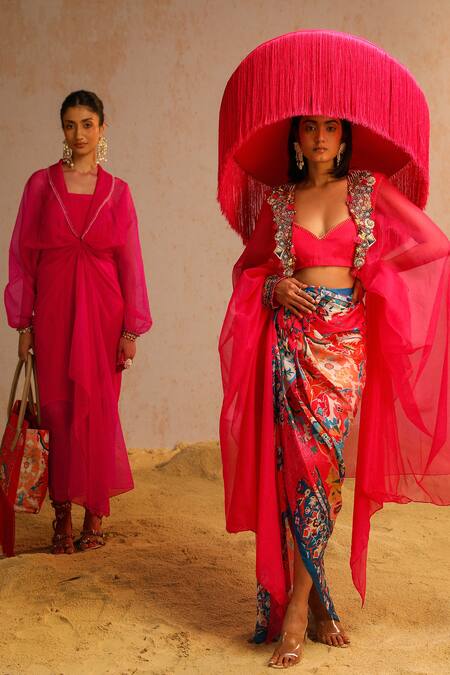 Shop Aditi Gupta Pink Crepe Embroidered Thread Cape Shawl Lapel With Dress Online at Aza Fashions Shop_Aditi Gupta_Pink Crepe Embroidered Thread Cape Shawl Lapel With Dress _Online_at_Aza_Fashions