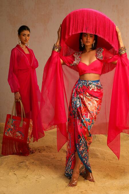 Aditi Gupta Pink Crepe Embroidered Thread Cape Shawl Lapel With Dress at Aza Fashions Aditi Gupta_Pink Crepe Embroidered Thread Cape Shawl Lapel With Dress _at_Aza_Fashions