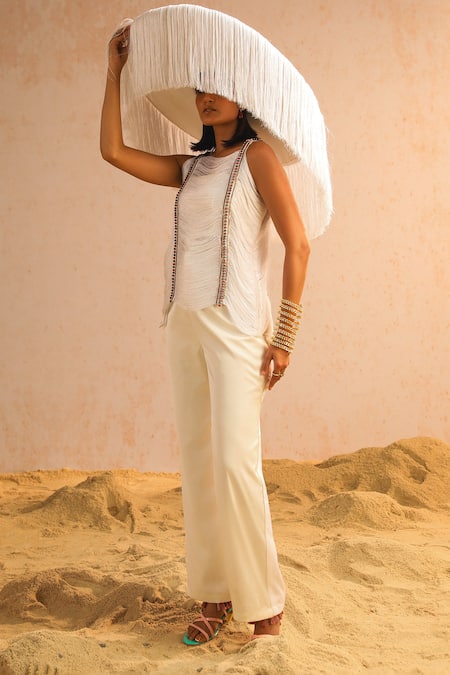 Aditi Gupta_Ivory Silk, Crepe Pearls, Sequins Round Neck Embroidered Top And Pant Set _Online_at_Aza_Fashions