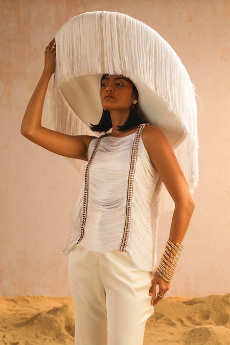 Buy_Aditi Gupta_Ivory Silk, Crepe Pearls, Sequins Round Neck Embroidered Top And Pant Set _Online_at_Aza_Fashions