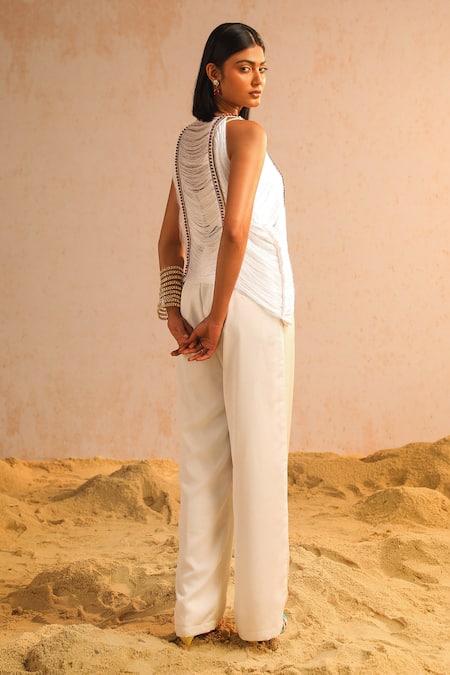 Aditi Gupta_Ivory Silk, Crepe Pearls, Sequins Round Neck Embroidered Top And Pant Set _at_Aza_Fashions