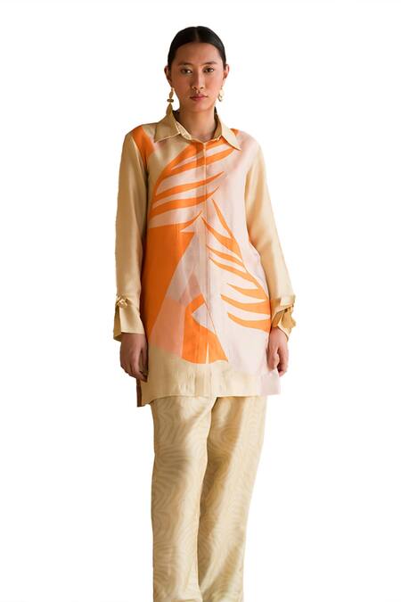 Buy_Clos_Yellow Silk Collared Abstract Print Shirt Tunic With Pant _Online_at_Aza_Fashions