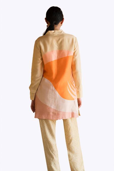 Clos_Yellow Silk Collared Abstract Print Shirt Tunic With Pant _at_Aza_Fashions