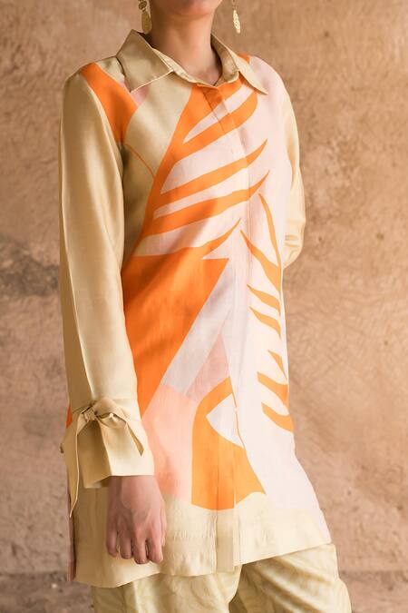 Buy_Clos_Yellow Silk Collared Abstract Print Shirt Tunic With Pant 