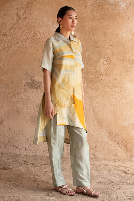 Shop Clos Green Silk Collared Asymmetric Shirt Tunic With Pant Online at Aza Fashions Shop_Clos_Green Silk Collared Asymmetric Shirt Tunic With Pant _Online_at_Aza_Fashions
