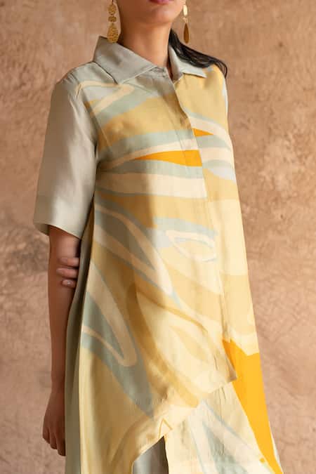 Buy Clos Green Silk Collared Asymmetric Shirt Tunic With Pant Buy_Clos_Green Silk Collared Asymmetric Shirt Tunic With Pant