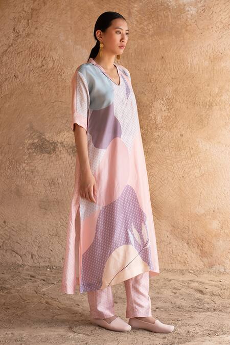 Shop_Clos_Multi Color Silk Collared Printed Straight Kurta With Pant _Online_at_Aza_Fashions