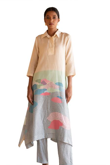 Buy_Clos_Blue Silk Collared Printed Asymmetric Kurta With Pant _Online_at_Aza_Fashions