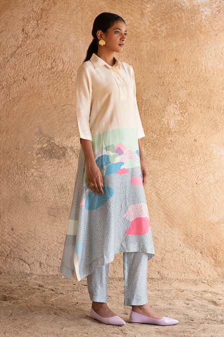 Shop_Clos_Blue Silk Collared Printed Asymmetric Kurta With Pant _Online_at_Aza_Fashions