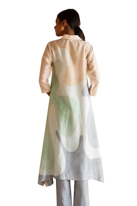 Clos_Blue Silk Collared Printed Asymmetric Kurta With Pant _at_Aza_Fashions