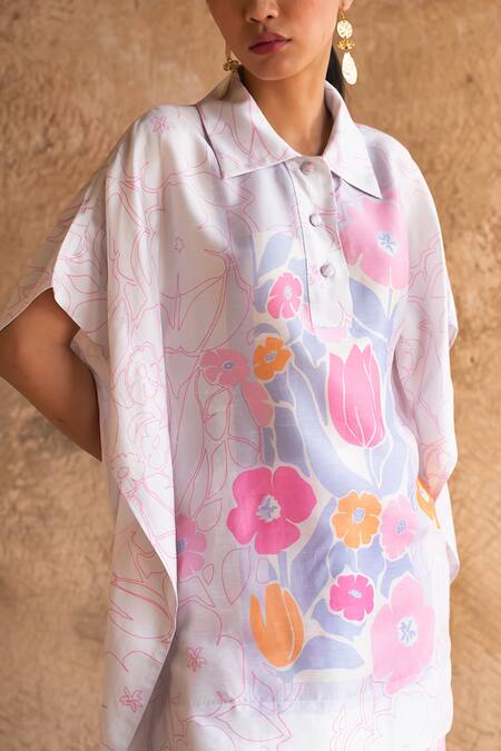 Clos_White Silk Collared Printed Short Kurta With Pant _at_Aza_Fashions