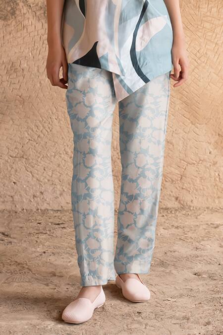 Clos_Blue Silk V-neck Abstract Print Shirt Jacket With Pant _Online_at_Aza_Fashions