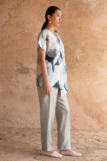 Buy_Clos_Blue Silk V-neck Abstract Print Shirt Jacket With Pant _Online_at_Aza_Fashions