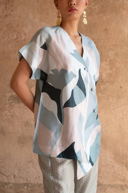 Clos_Blue Silk V-neck Abstract Print Shirt Jacket With Pant _at_Aza_Fashions