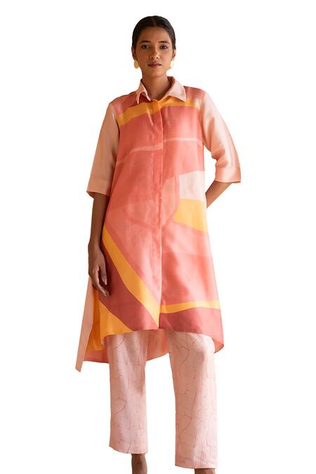 Buy_Clos_Peach Silk Collared Abstract Print Tunic Kurta With Pant _Online_at_Aza_Fashions