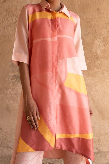 Buy_Clos_Peach Silk Collared Abstract Print Tunic Kurta With Pant 