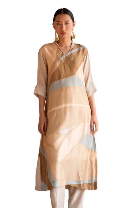 Buy_Clos_Multi Color Silk Collared Abstract Print Tunic Kurta And Pant Set _Online_at_Aza_Fashions