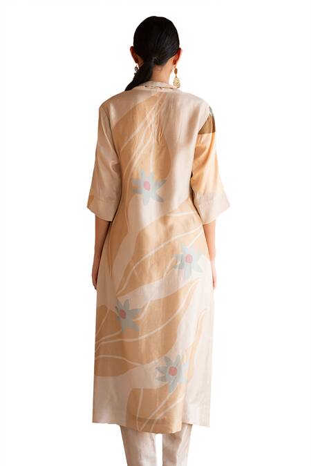 Clos_Multi Color Silk Collared Abstract Print Tunic Kurta And Pant Set _at_Aza_Fashions