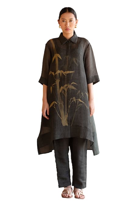 Clos_Grey Collared Abstract Print Tunic With Pant _Online_at_Aza_Fashions