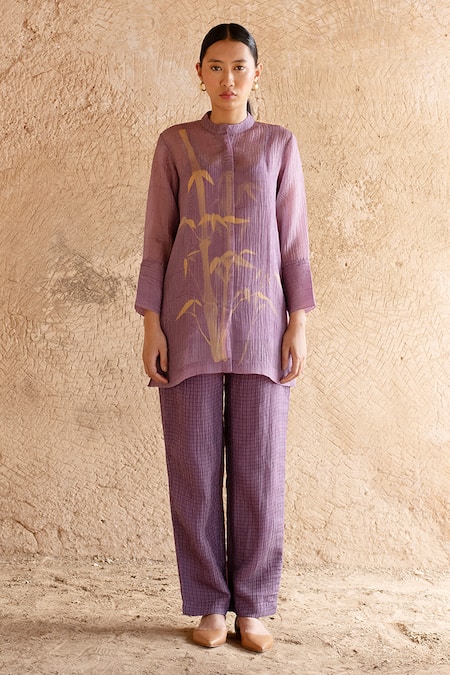 Clos Purple Wrinkled Shimmer Cupro Printed Abstract Kurta Band Shirt With Pant 