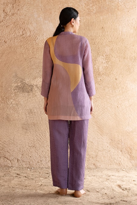 Shop_Clos_Purple Mandarin Collar Abstract Print Shirt Kurta With Pant _at_Aza_Fashions