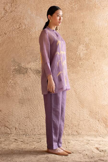 Clos_Purple Mandarin Collar Abstract Print Shirt Kurta With Pant _Online_at_Aza_Fashions