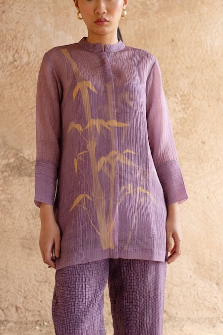 Buy_Clos_Purple Mandarin Collar Abstract Print Shirt Kurta With Pant _Online_at_Aza_Fashions