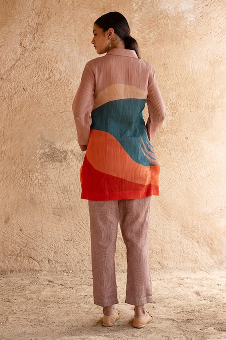 Shop_Clos_Brown Cotton Collared Abstract Print Shirt Tunic And Pant Set _at_Aza_Fashions