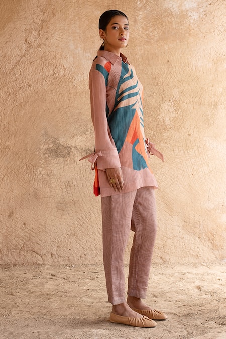 Clos_Brown Cotton Collared Abstract Print Shirt Tunic And Pant Set _Online_at_Aza_Fashions