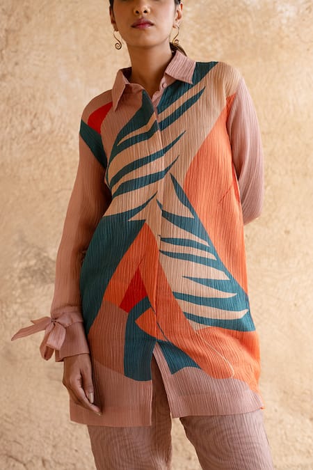 Buy_Clos_Brown Cotton Collared Abstract Print Shirt Tunic And Pant Set _Online_at_Aza_Fashions
