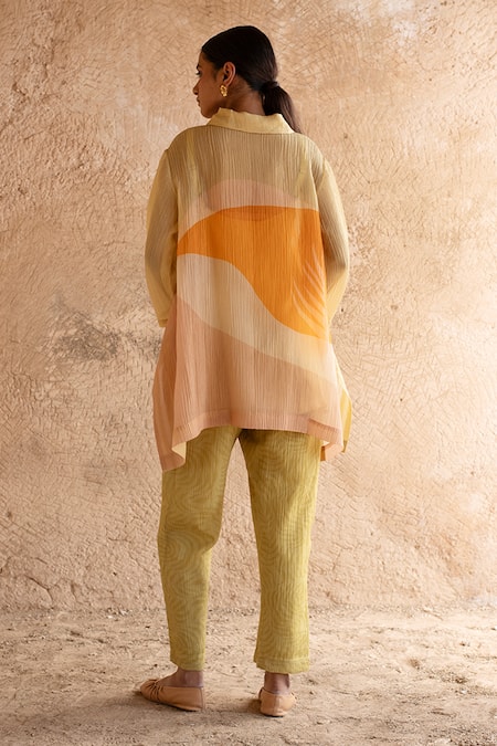 Shop_Clos_Yellow Collared Asymmetric Abstract Print Tunic With Pant _at_Aza_Fashions