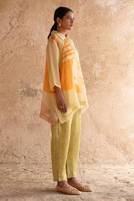 Clos_Yellow Collared Asymmetric Abstract Print Tunic With Pant _Online_at_Aza_Fashions