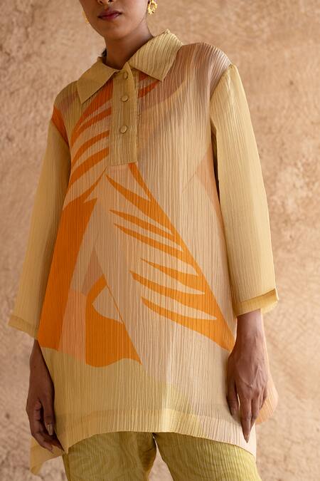 Buy_Clos_Yellow Collared Asymmetric Abstract Print Tunic With Pant _Online_at_Aza_Fashions