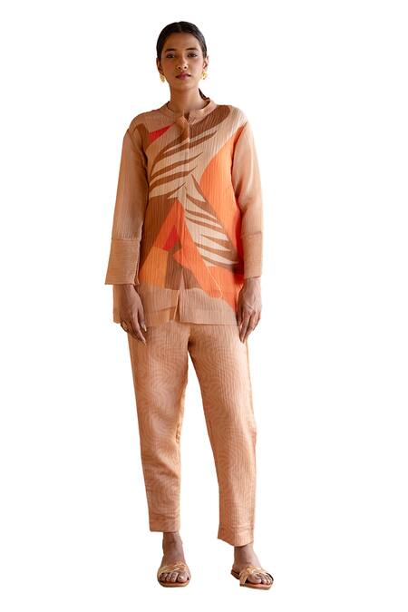 Clos_Orange Bandeau Neck Asymmetric Abstract Print Shirt And Pant Set _Online_at_Aza_Fashions